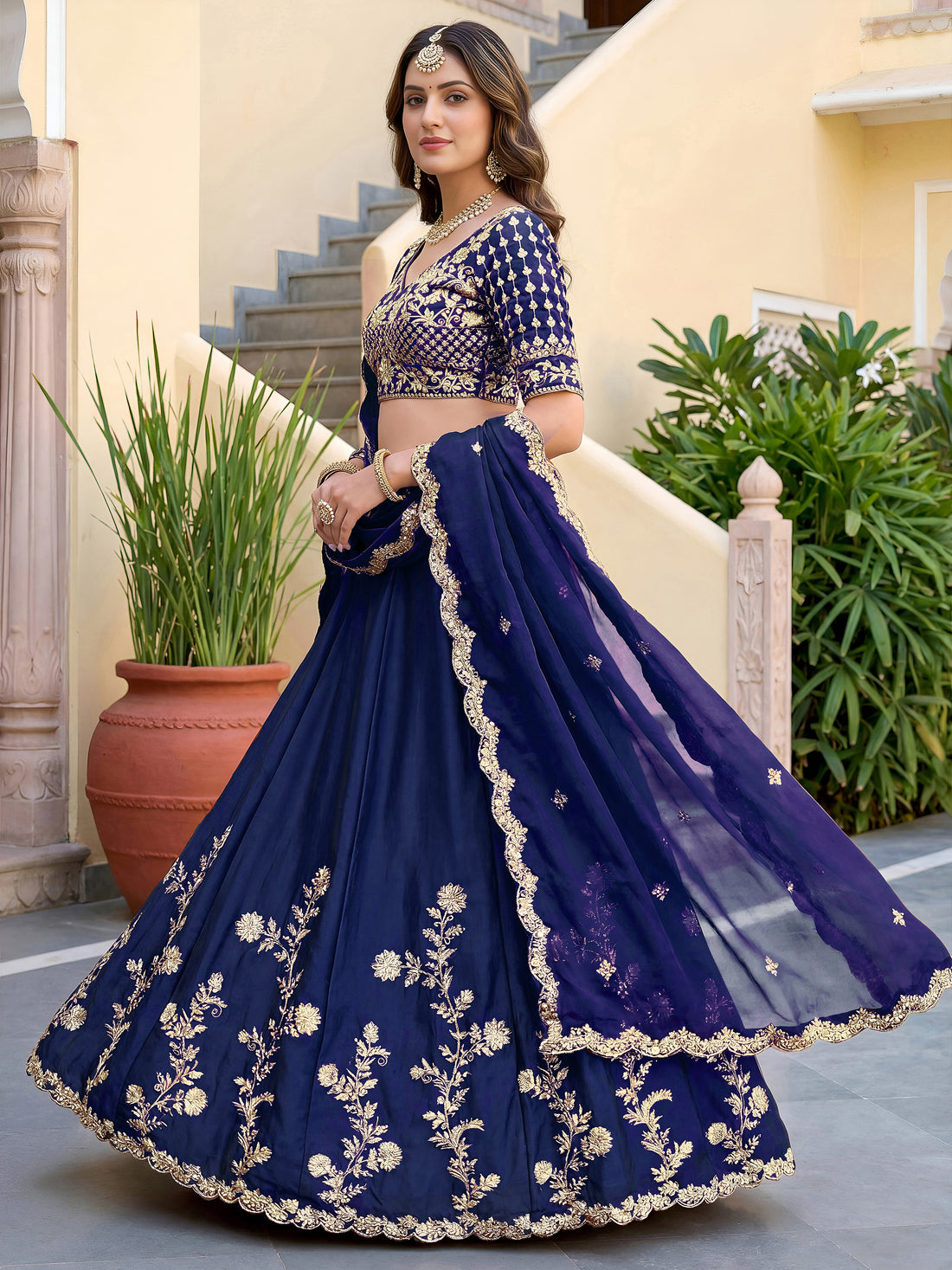 Elegant Navy Blue Gold Embroidered Bridal Lehenga Choli