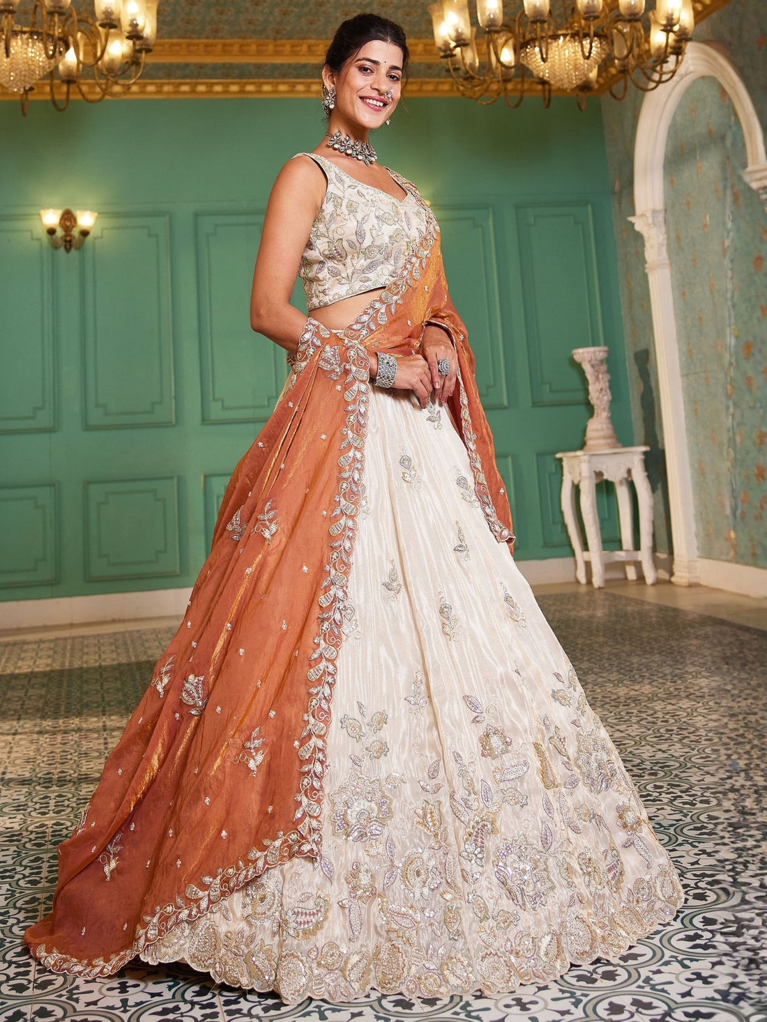 Ivory Gold Embroidered Bridal Lehenga Choli with Rust Orange Dupatta