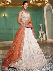 Ivory Gold Embroidered Bridal Lehenga Choli with Rust Orange Dupatta