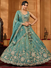 ROYAL TEAL BLUE EMBROIDERED LEHENGA SET