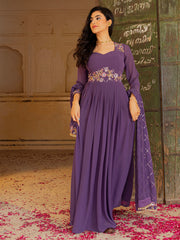 Royal Purple Anarkali Gown with Floral Embroidery and Matching Dupatta