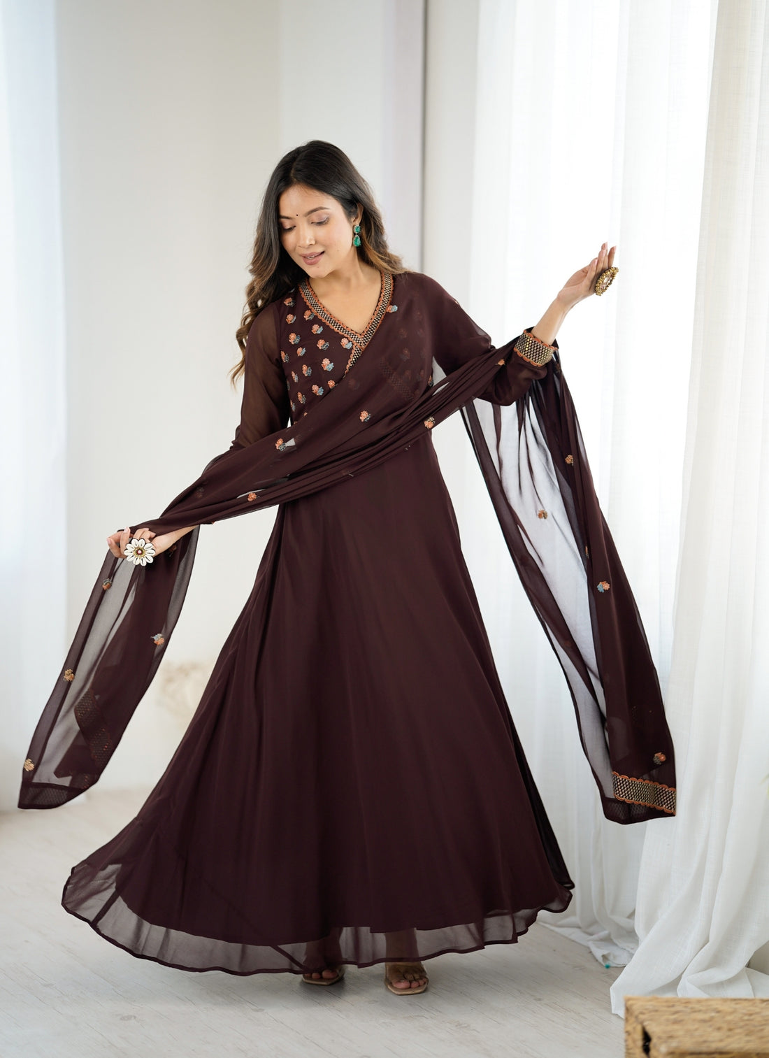Dark Brown Embroidered Anarkali Suit with Dupatta for Women