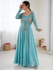 Teal Blue Embroidered Anarkali Gown with Tassel Detailing