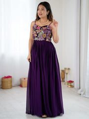 Purple Floral Embroidered Strappy Maxi Gown