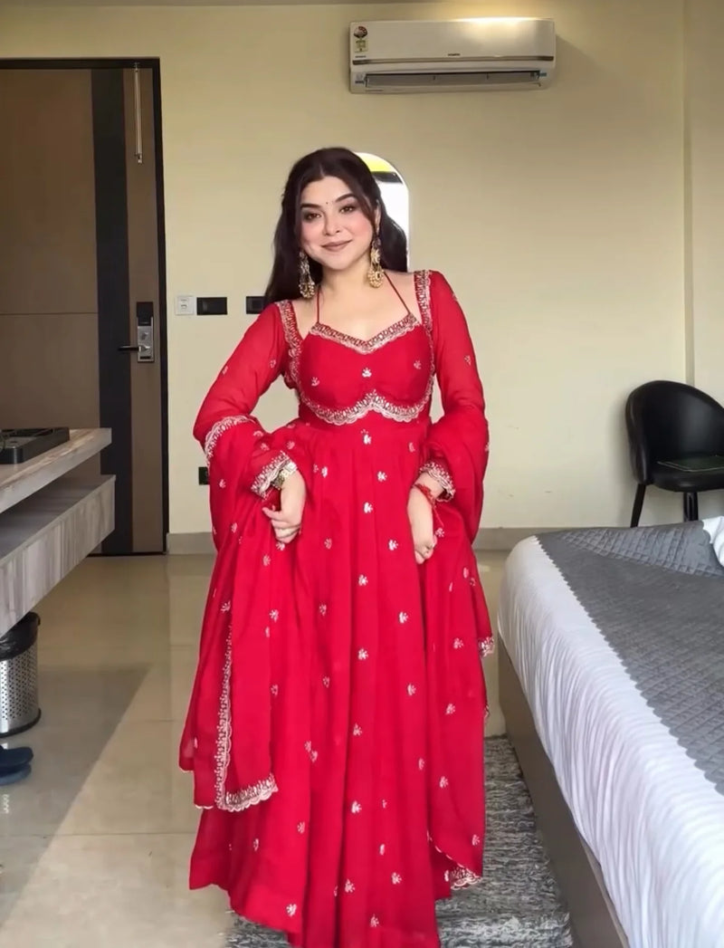 Red Chilli Slit Anarkali Premium Suit Set | Festive & Party Wear