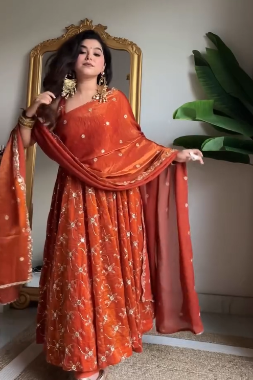 Classy Orange Pure Tissue Silk Anarkali Set with Hand Embroidery