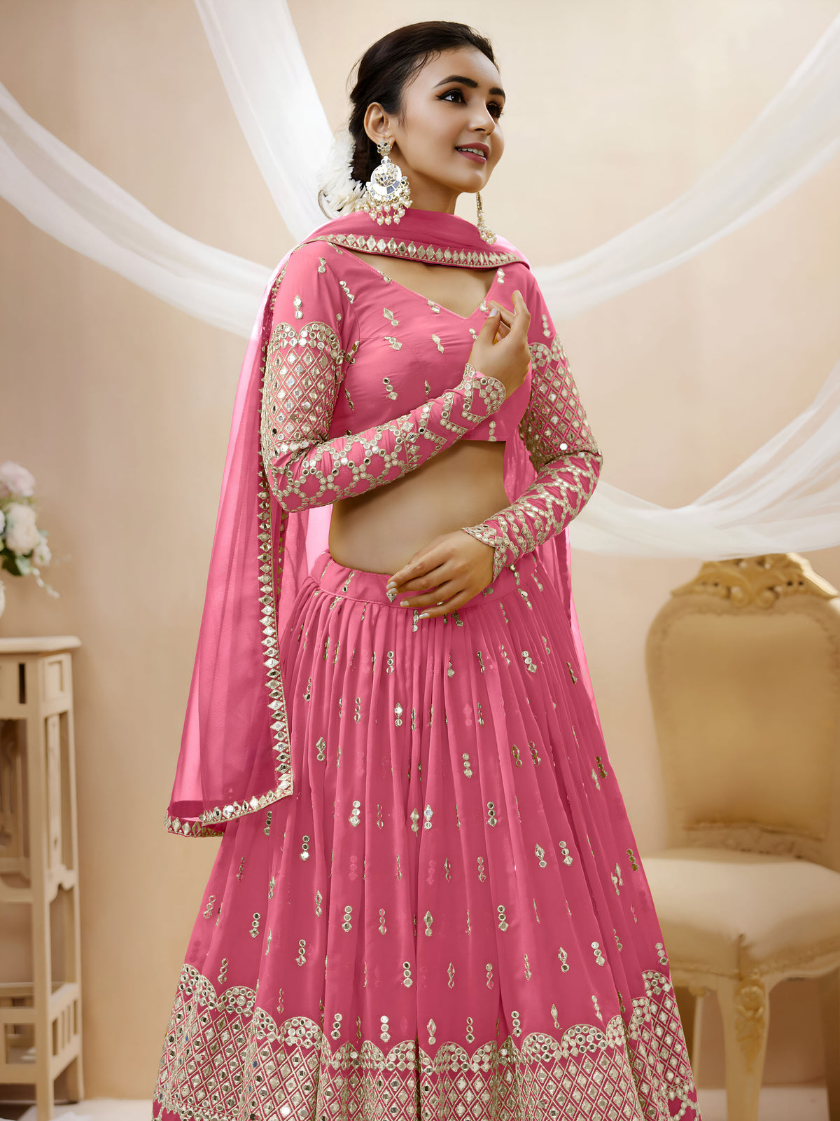 Rose Pink Sequin Embroidered Lehenga Choli with Dupatta