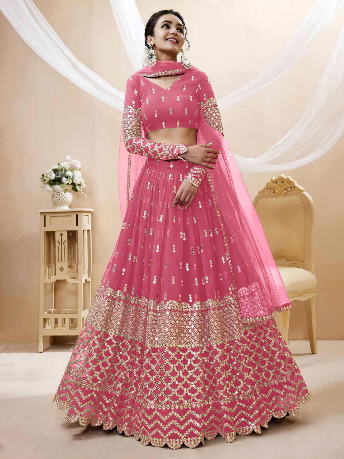 Rose Pink Sequin Embroidered Lehenga Choli with Dupatta