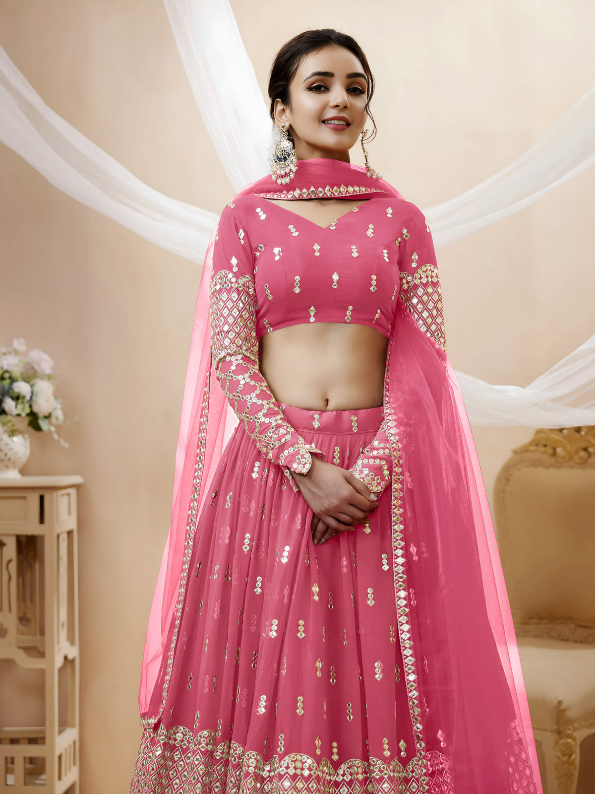 Rose Pink Sequin Embroidered Lehenga Choli with Dupatta
