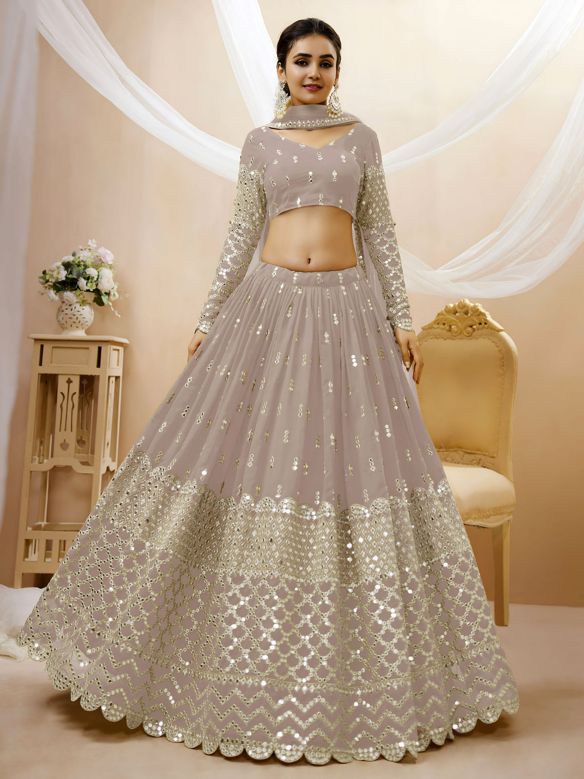 Taupe Grey Sequin Embroidered Lehenga Choli with Dupatta