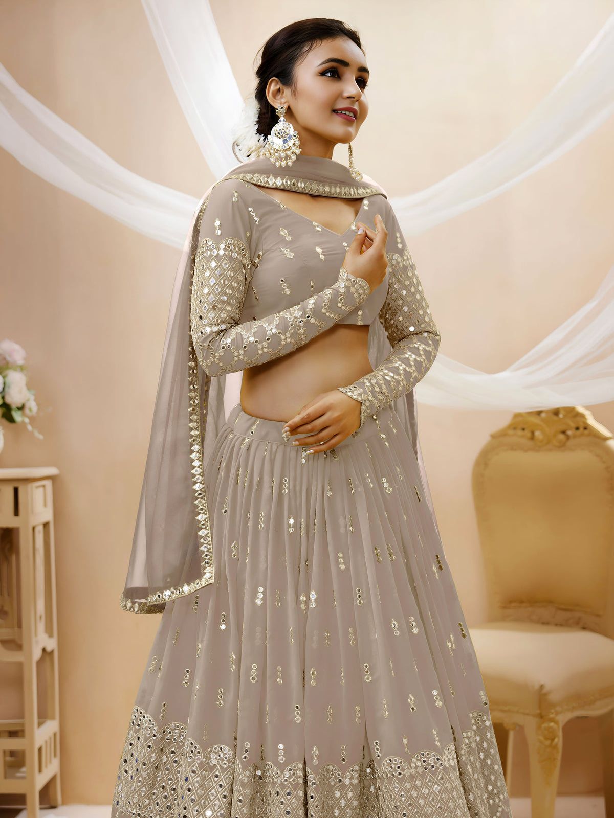 Taupe Grey Sequin Embroidered Lehenga Choli with Dupatta