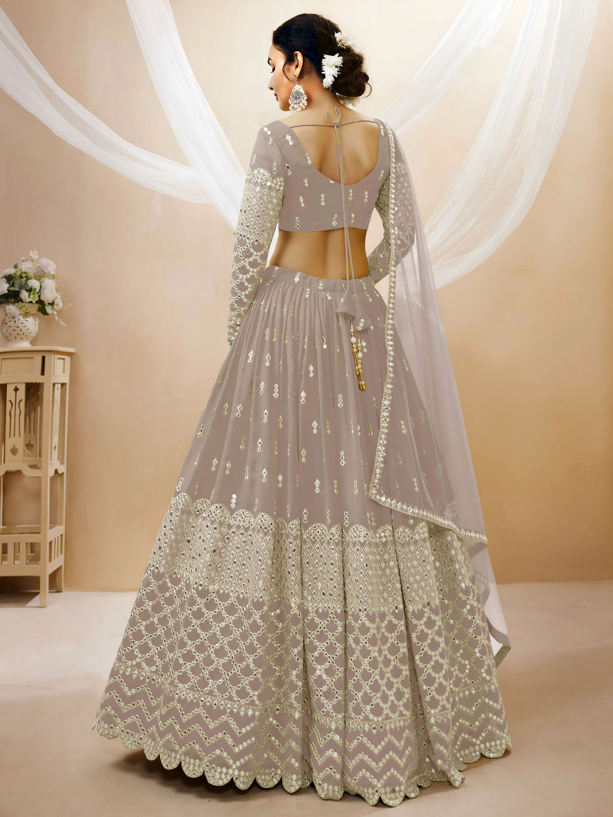 Taupe Grey Sequin Embroidered Lehenga Choli with Dupatta