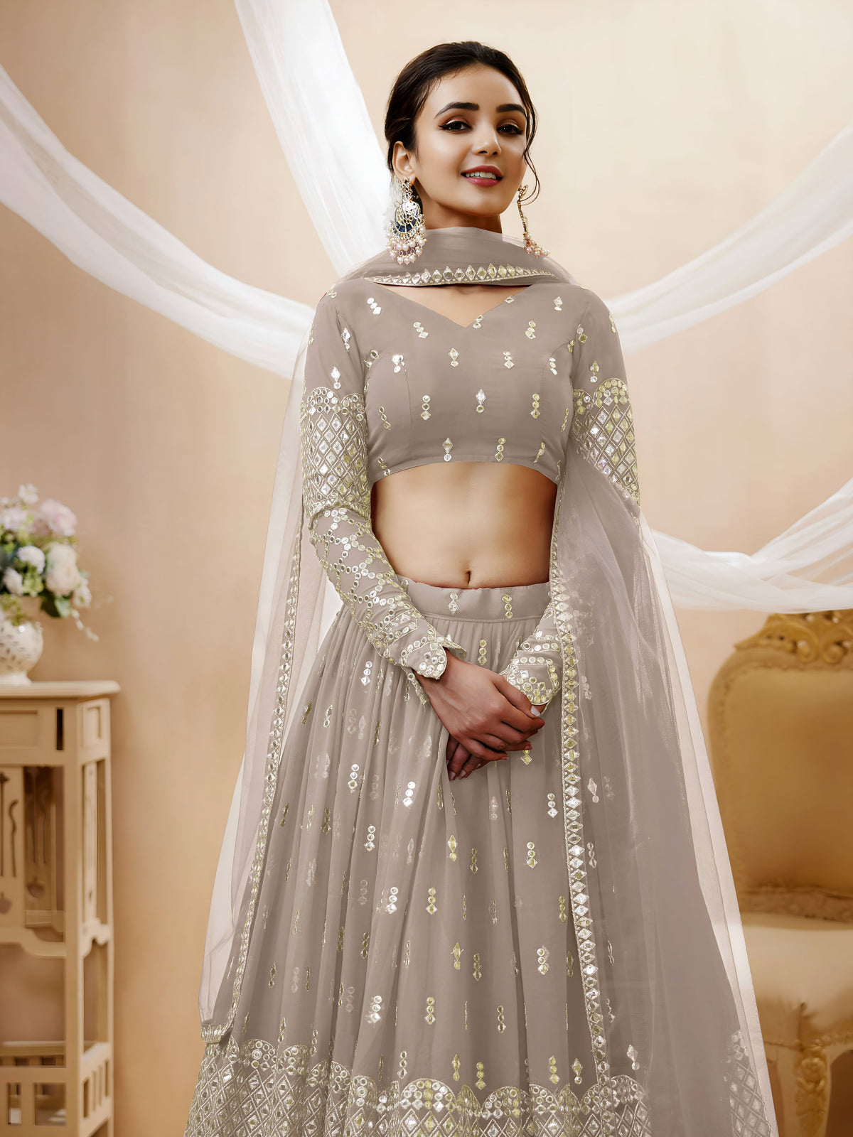 Taupe Grey Sequin Embroidered Lehenga Choli with Dupatta