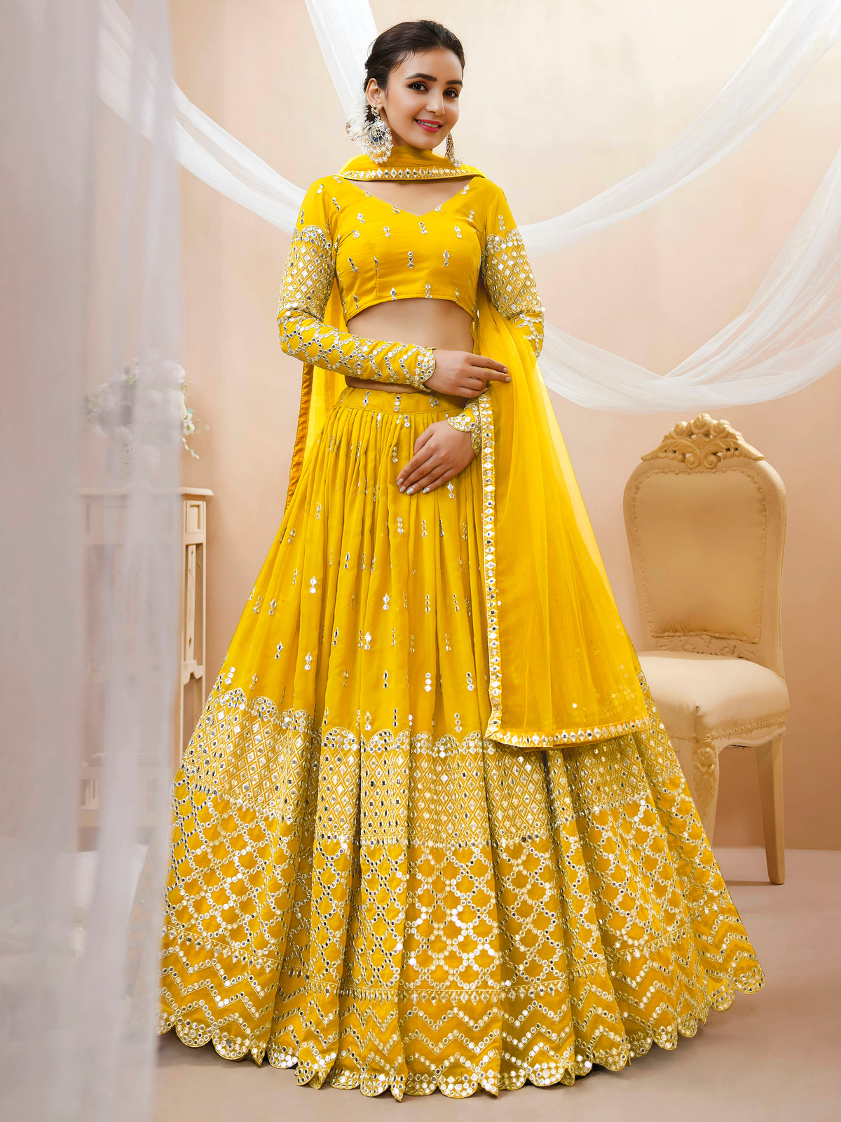 Mustard Yellow Sequin Embroidered Lehenga Choli with Dupatta