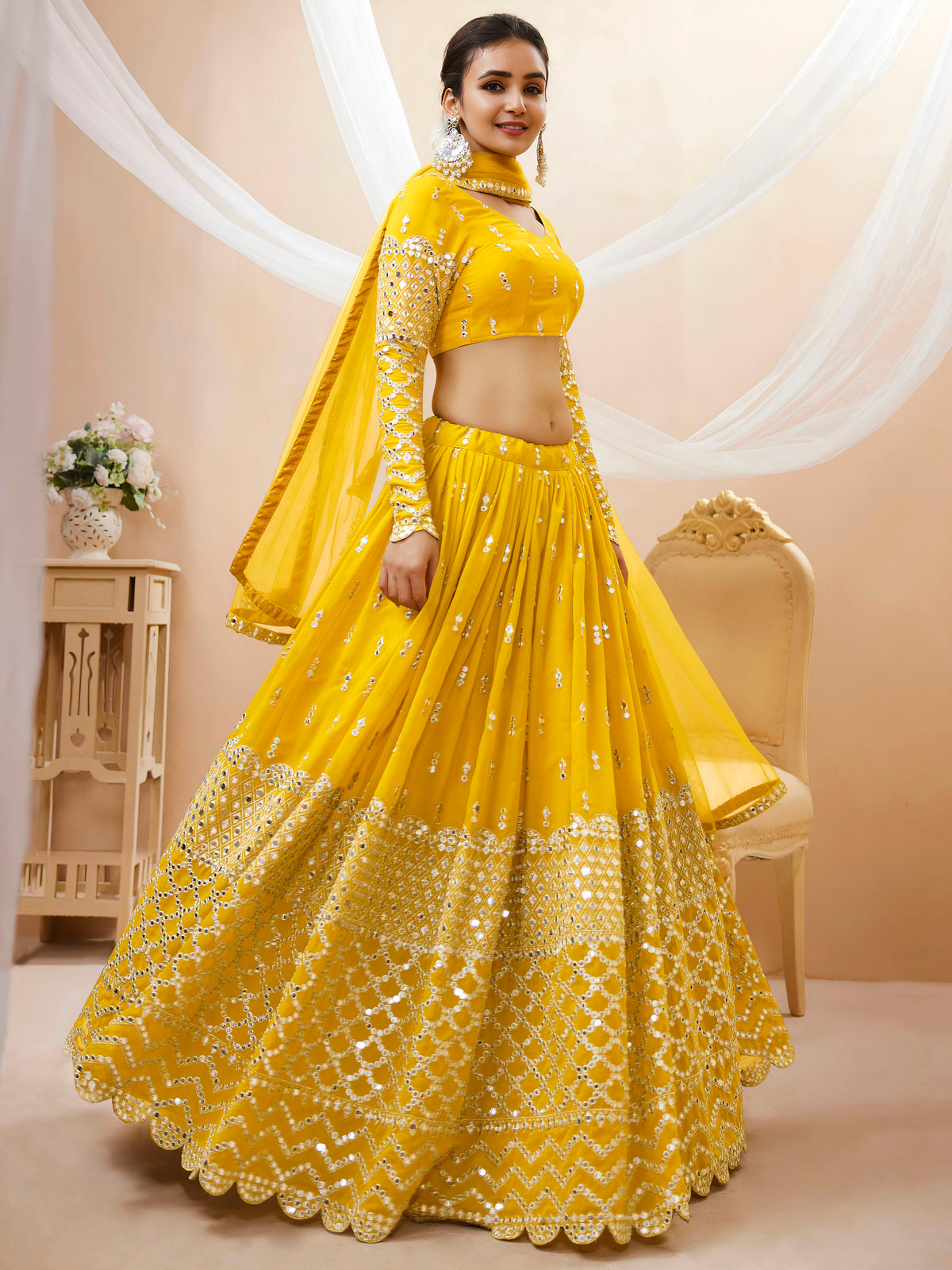 Mustard Yellow Sequin Embroidered Lehenga Choli with Dupatta