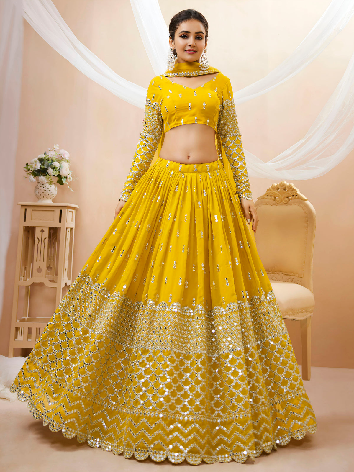 Mustard Yellow Sequin Embroidered Lehenga Choli with Dupatta