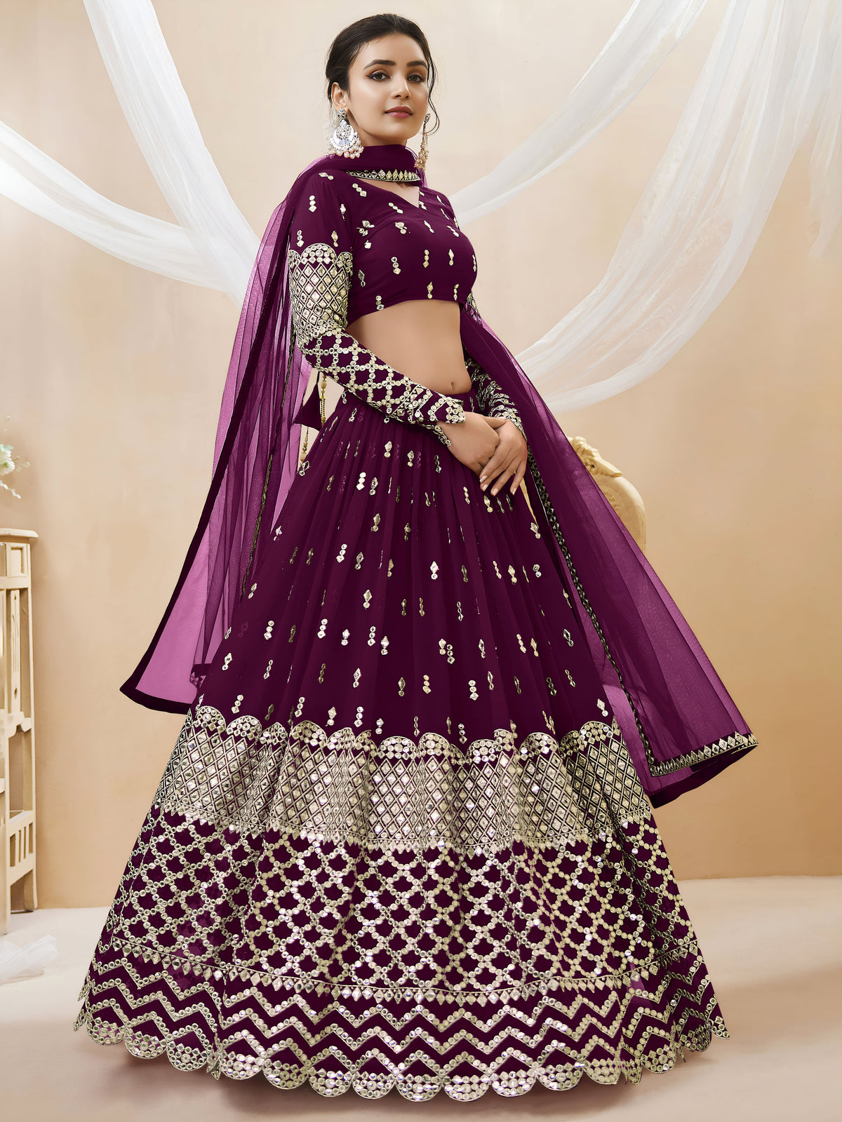 Wine Maroon Sequin Embroidered Lehenga Choli with Dupatta