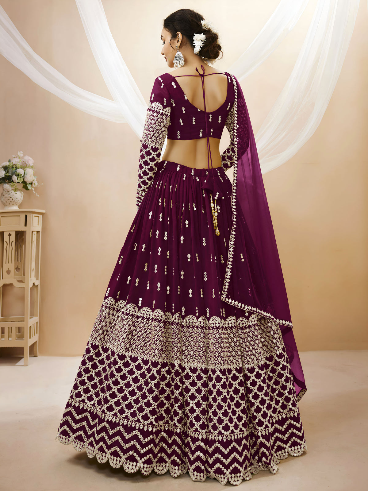 Wine Maroon Sequin Embroidered Lehenga Choli with Dupatta