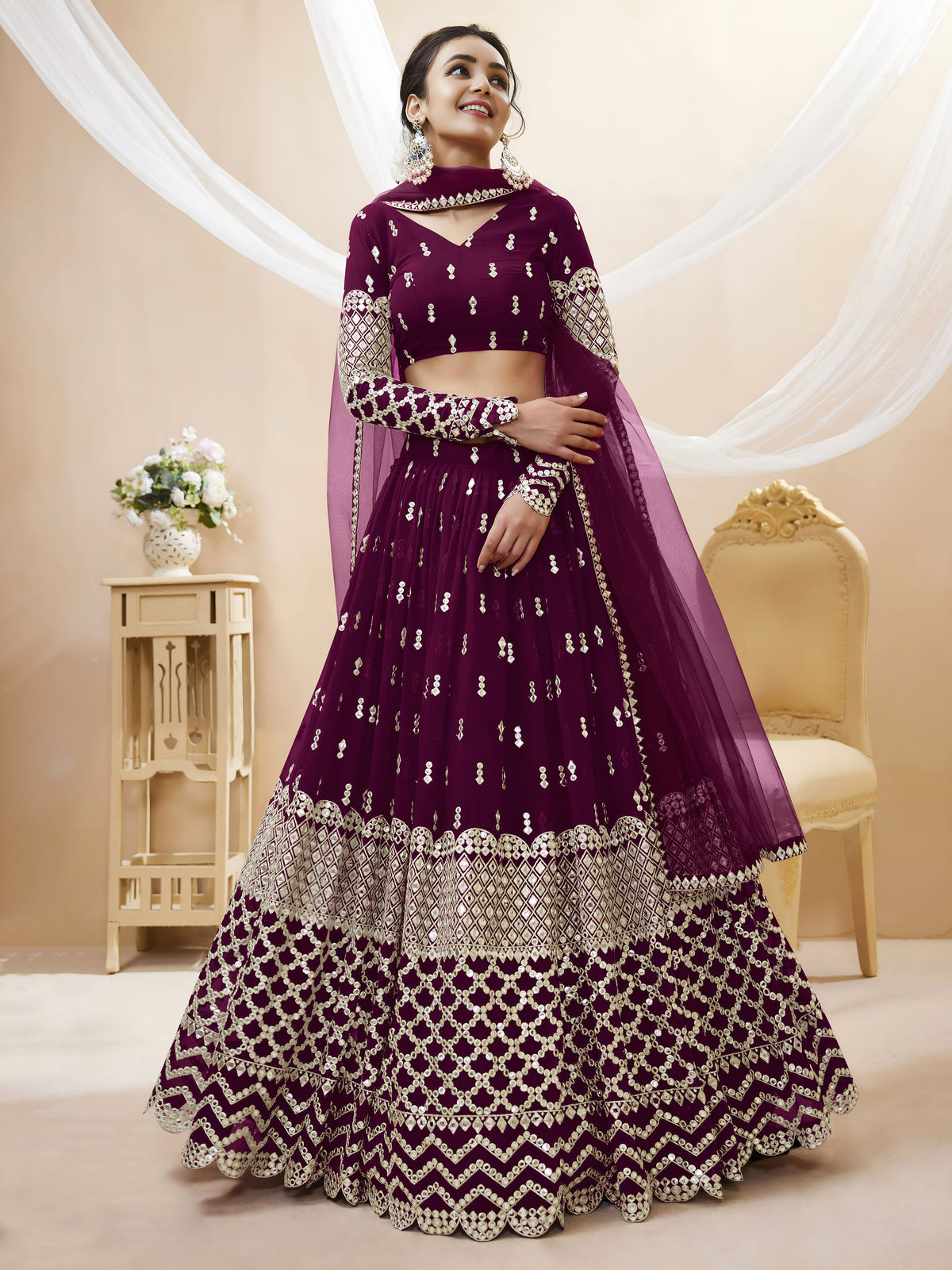 Wine Maroon Sequin Embroidered Lehenga Choli with Dupatta