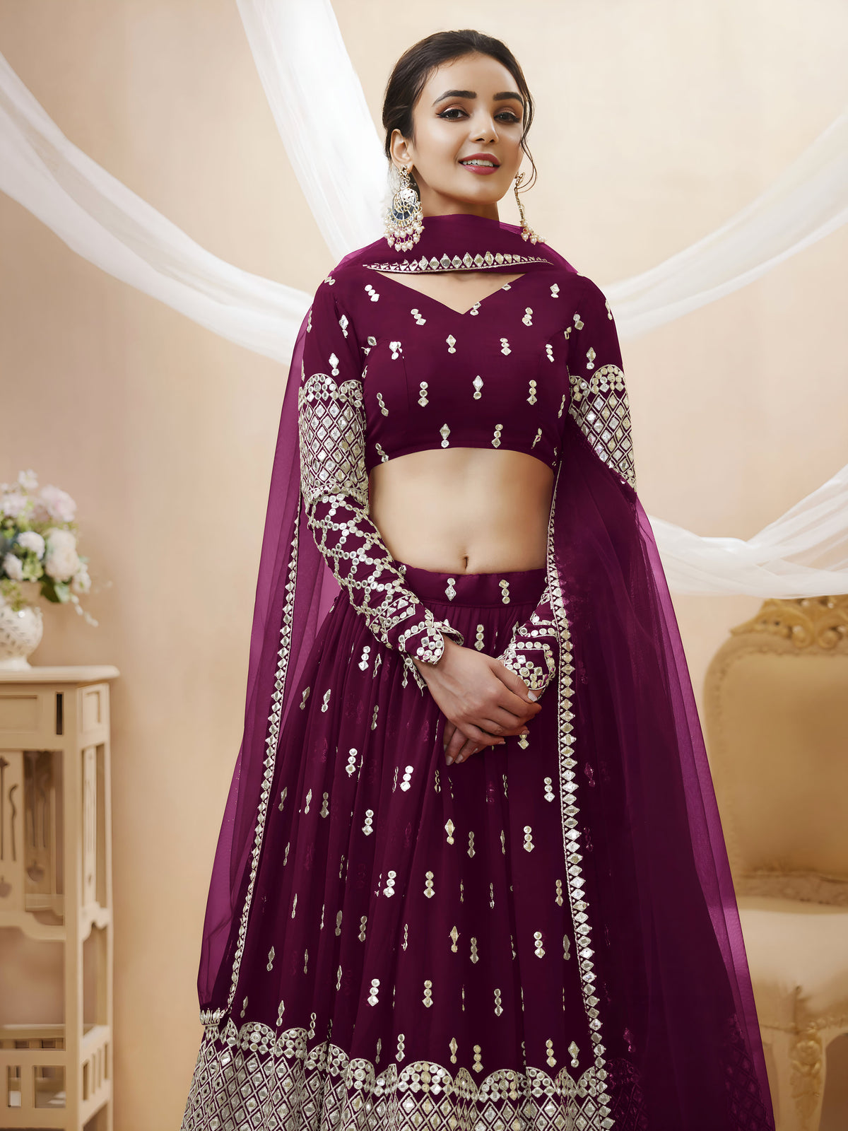 Wine Maroon Sequin Embroidered Lehenga Choli with Dupatta