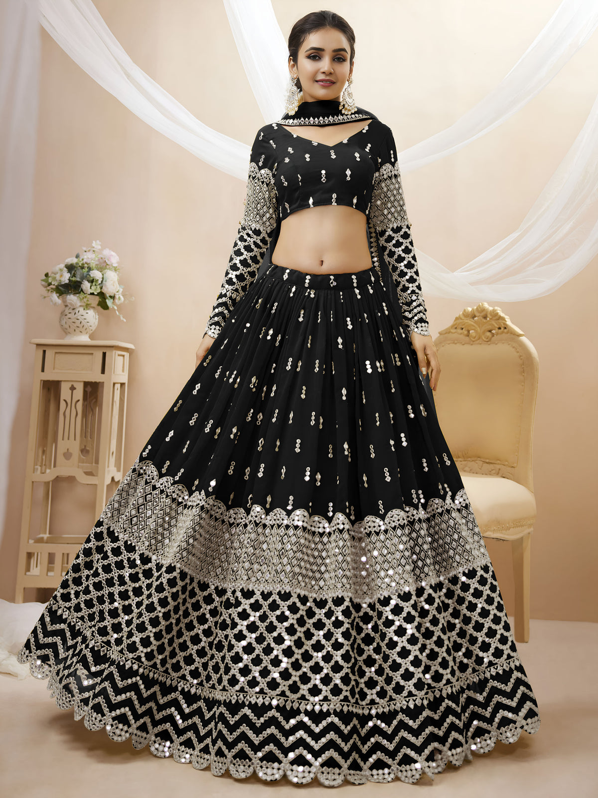 Black Silver Sequin Embroidered Lehenga Choli with Dupatta