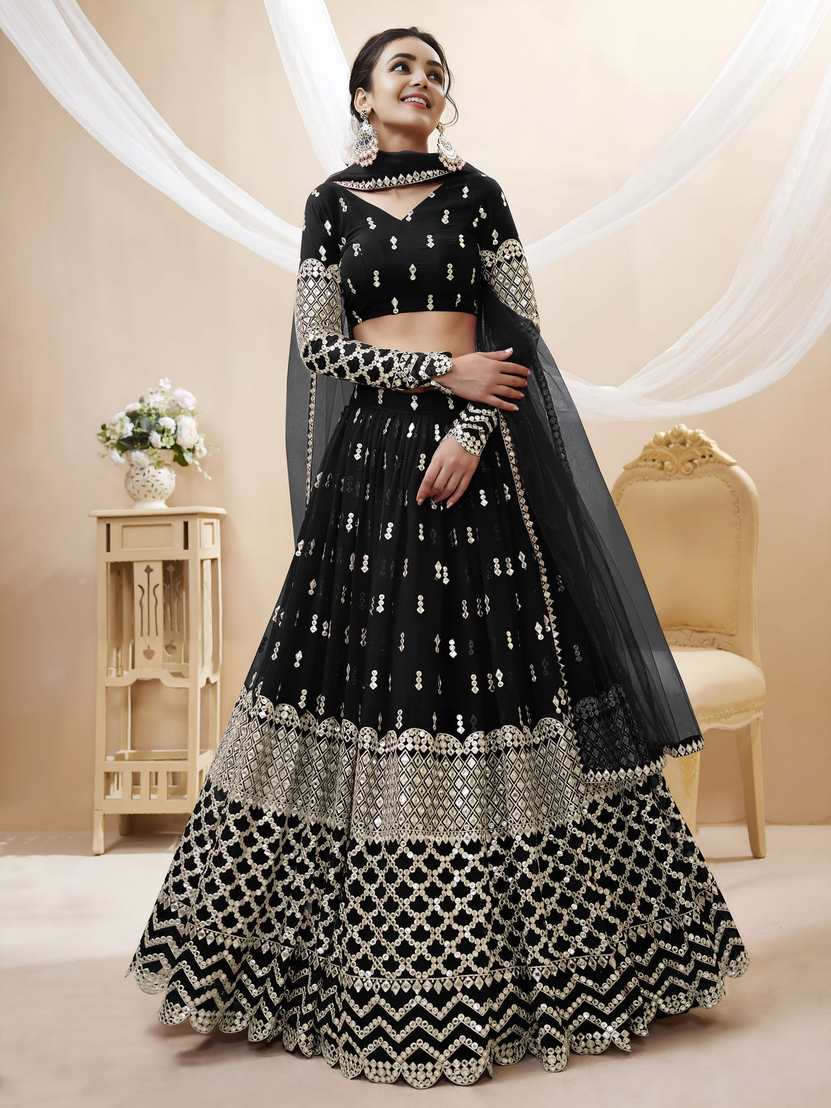 Black Silver Sequin Embroidered Lehenga Choli with Dupatta