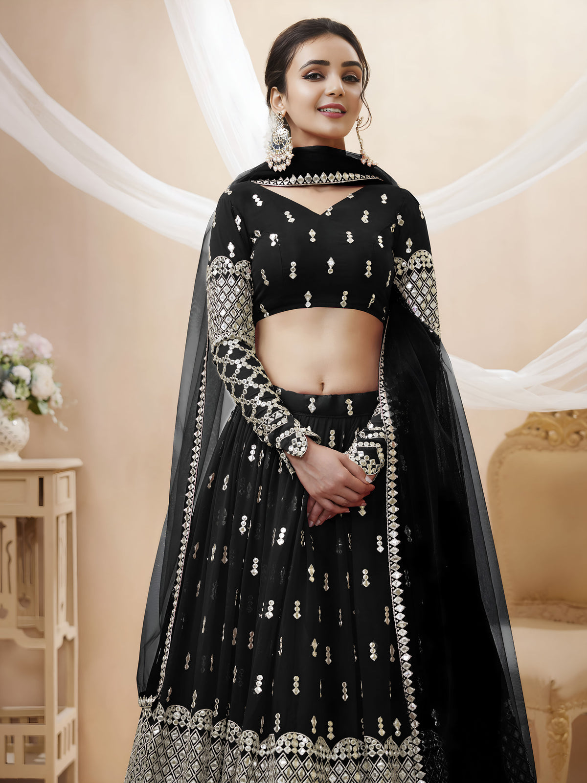Black Silver Sequin Embroidered Lehenga Choli with Dupatta