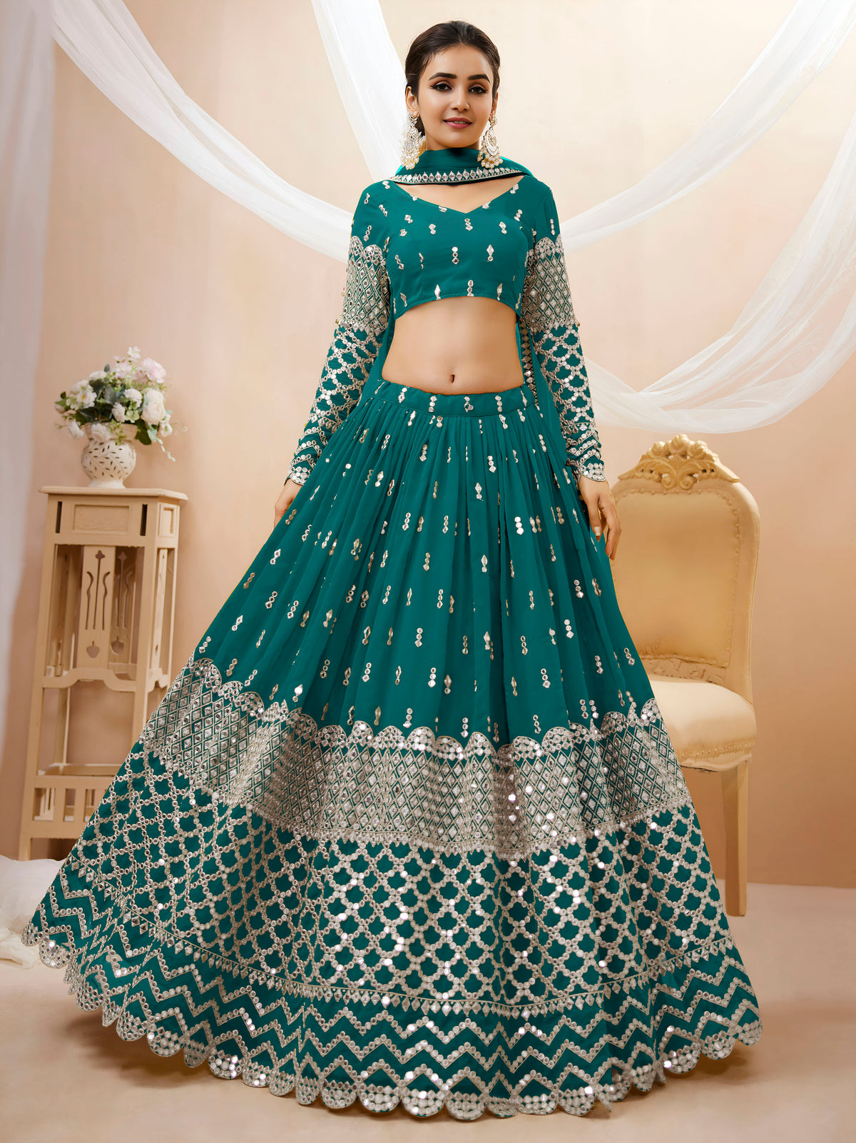 Teal Green Silver Sequin Embroidered Lehenga Choli with Dupatta
