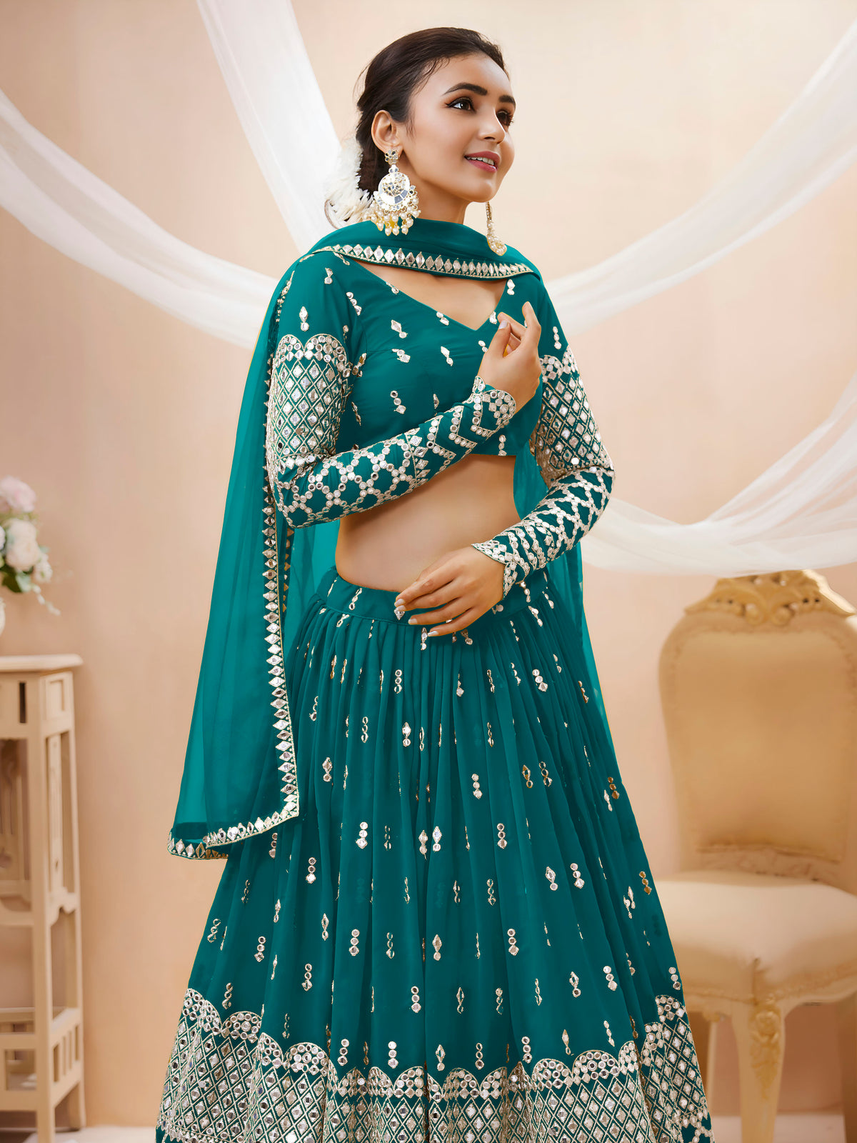 Teal Green Silver Sequin Embroidered Lehenga Choli with Dupatta