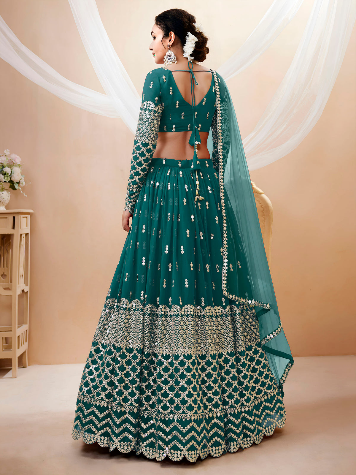 Teal Green Silver Sequin Embroidered Lehenga Choli with Dupatta