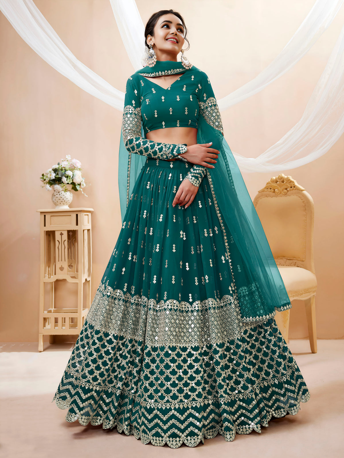 Teal Green Silver Sequin Embroidered Lehenga Choli with Dupatta
