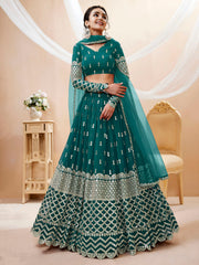 Teal Green Silver Sequin Embroidered Lehenga Choli with Dupatta