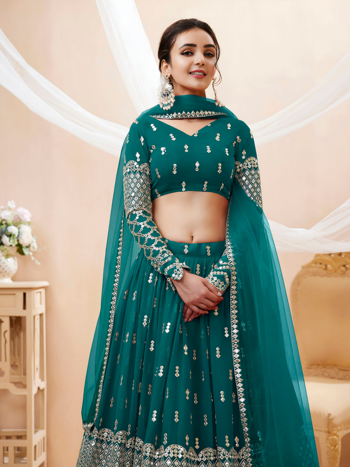 Teal Green Silver Sequin Embroidered Lehenga Choli with Dupatta