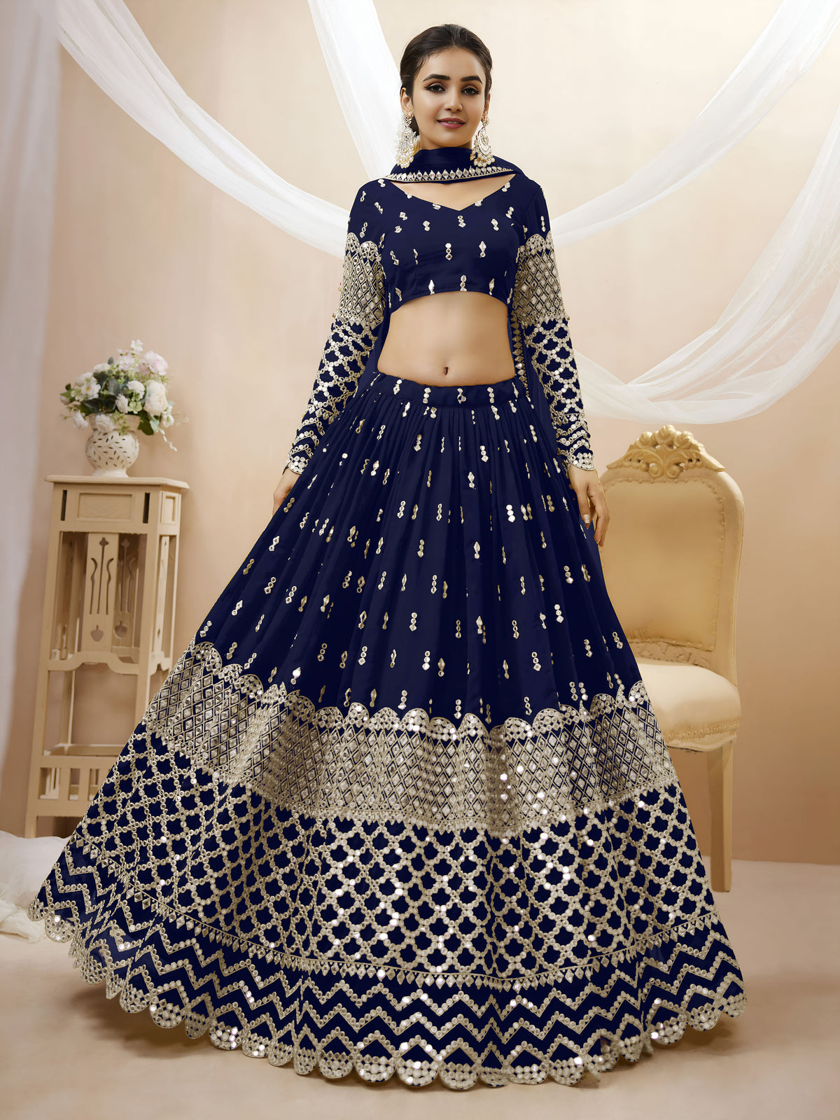 Navy Blue Silver Sequin Embroidered Lehenga Choli with Dupatta