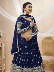 Navy Blue Silver Sequin Embroidered Lehenga Choli with Dupatta