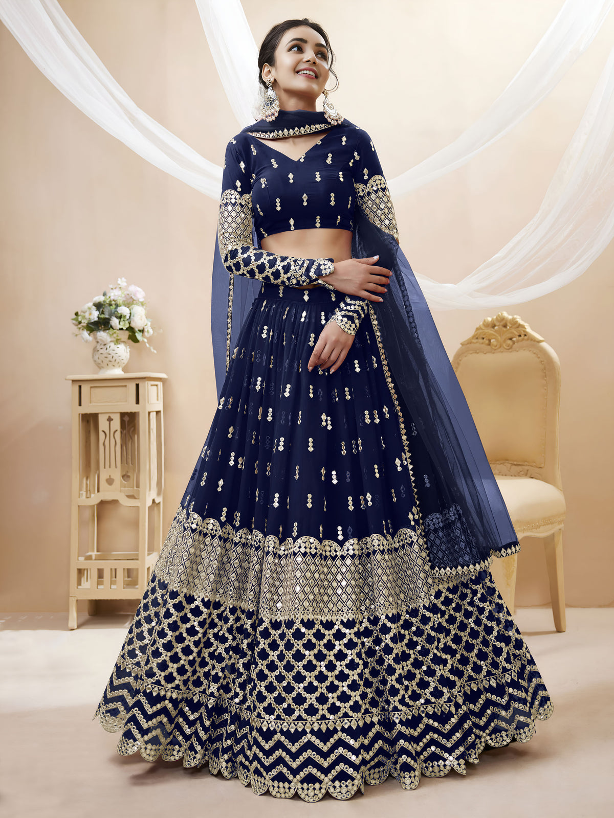 Navy Blue Silver Sequin Embroidered Lehenga Choli with Dupatta