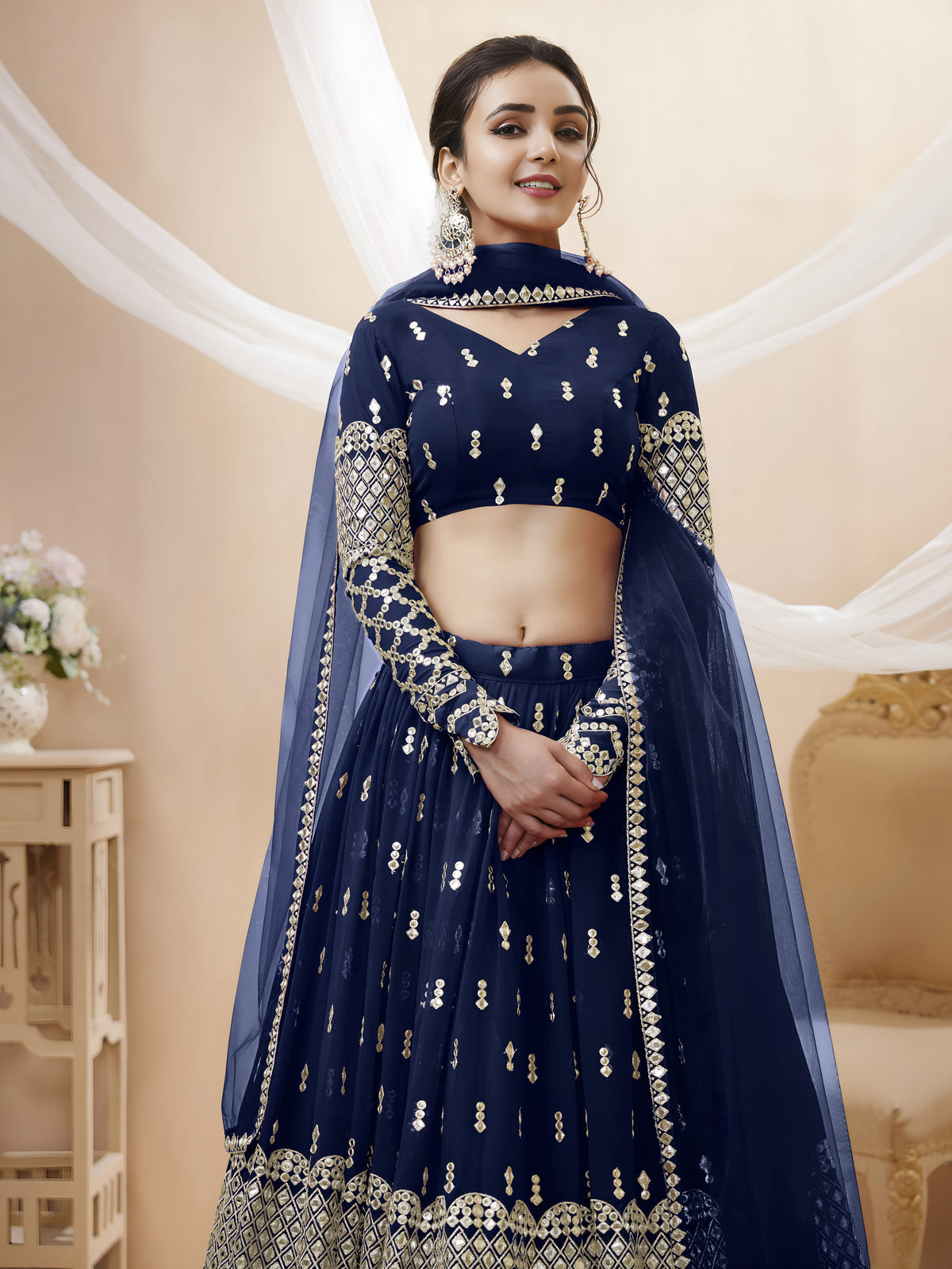 Navy Blue Silver Sequin Embroidered Lehenga Choli with Dupatta