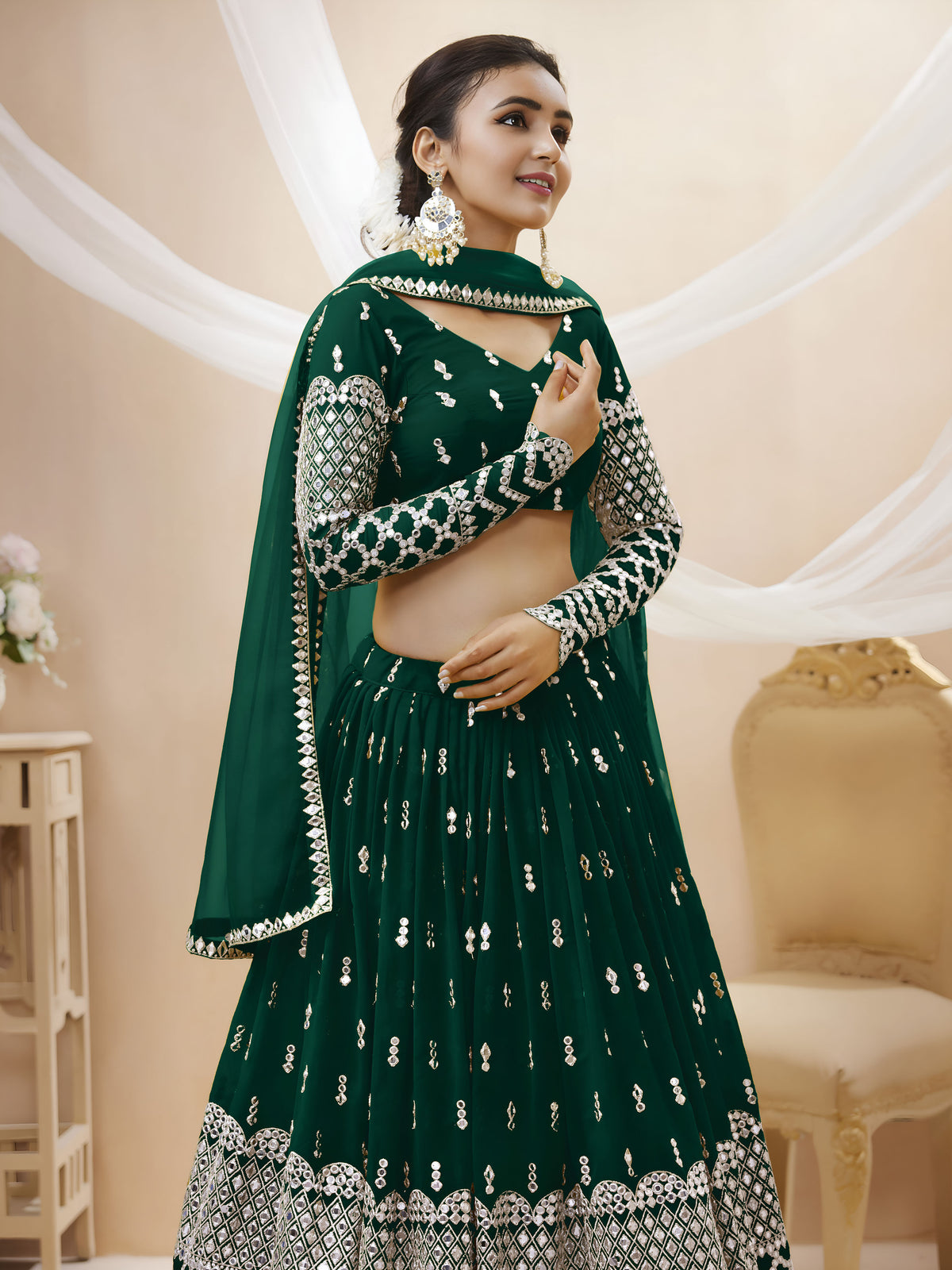 Dark Green Silver Sequin Embroidered Lehenga Choli with Dupatta