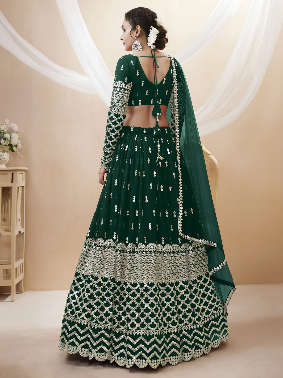 Dark Green Silver Sequin Embroidered Lehenga Choli with Dupatta