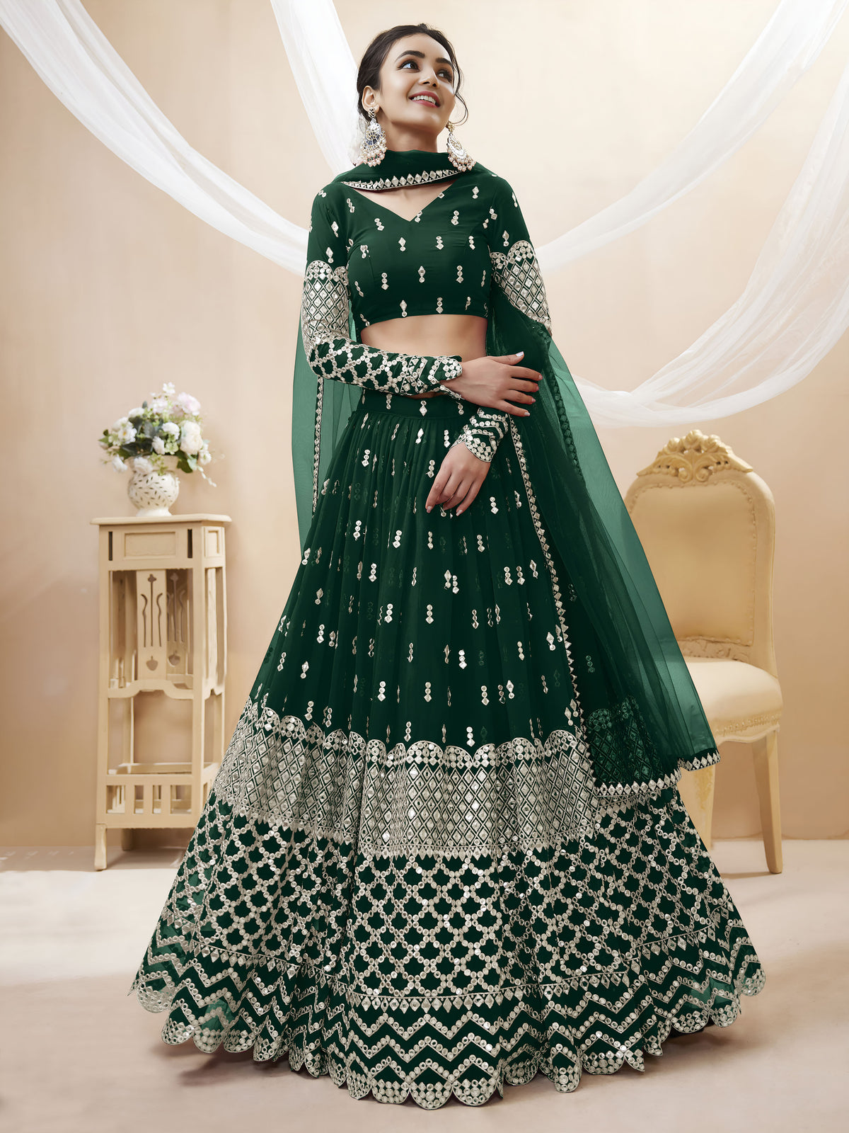 Dark Green Silver Sequin Embroidered Lehenga Choli with Dupatta