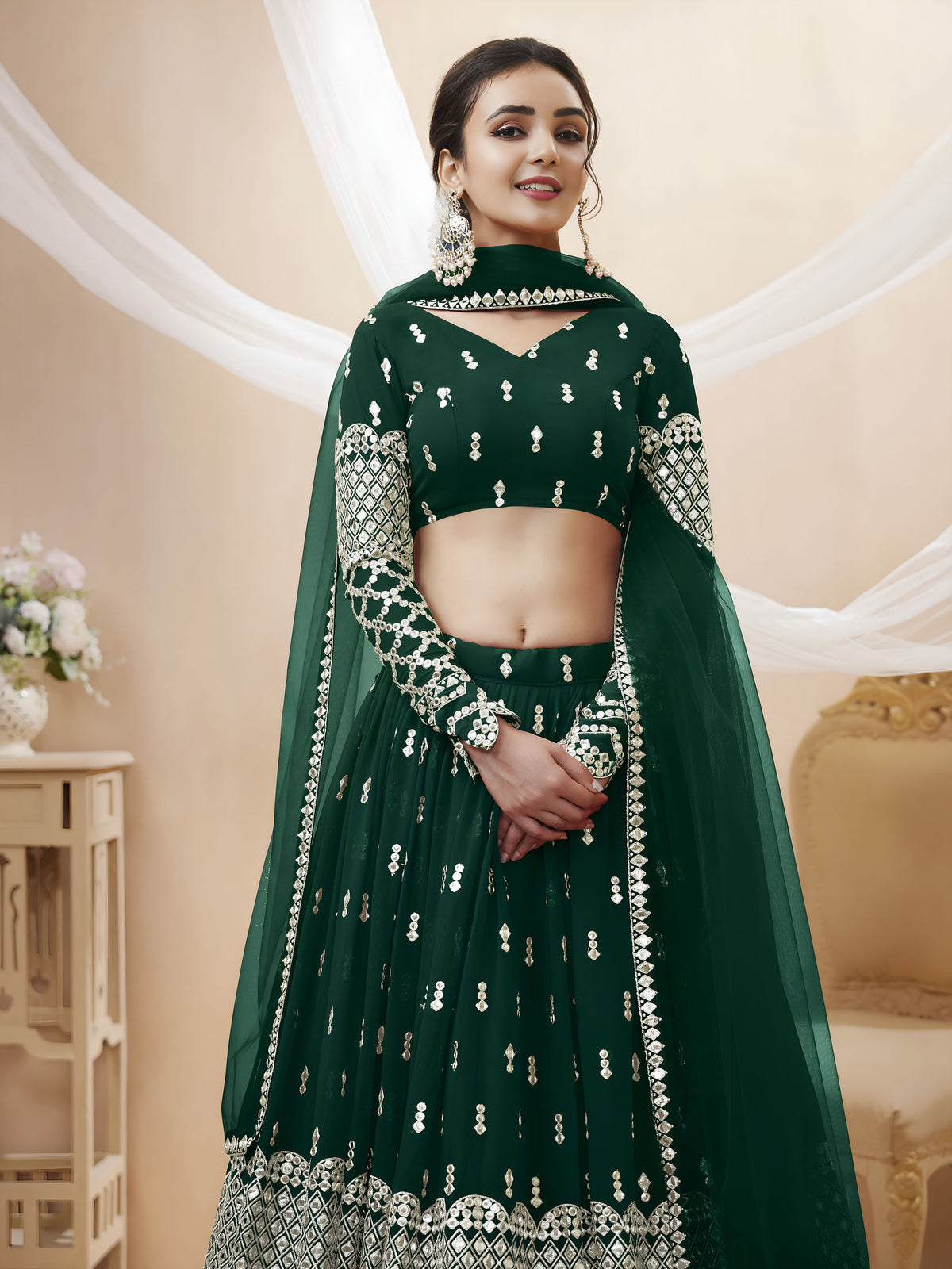 Dark Green Silver Sequin Embroidered Lehenga Choli with Dupatta