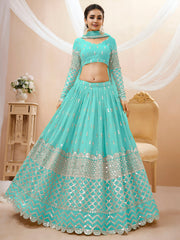 Turquoise Blue Silver Sequin Embroidered Lehenga Choli with Dupatta