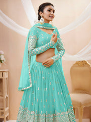 Turquoise Blue Silver Sequin Embroidered Lehenga Choli with Dupatta