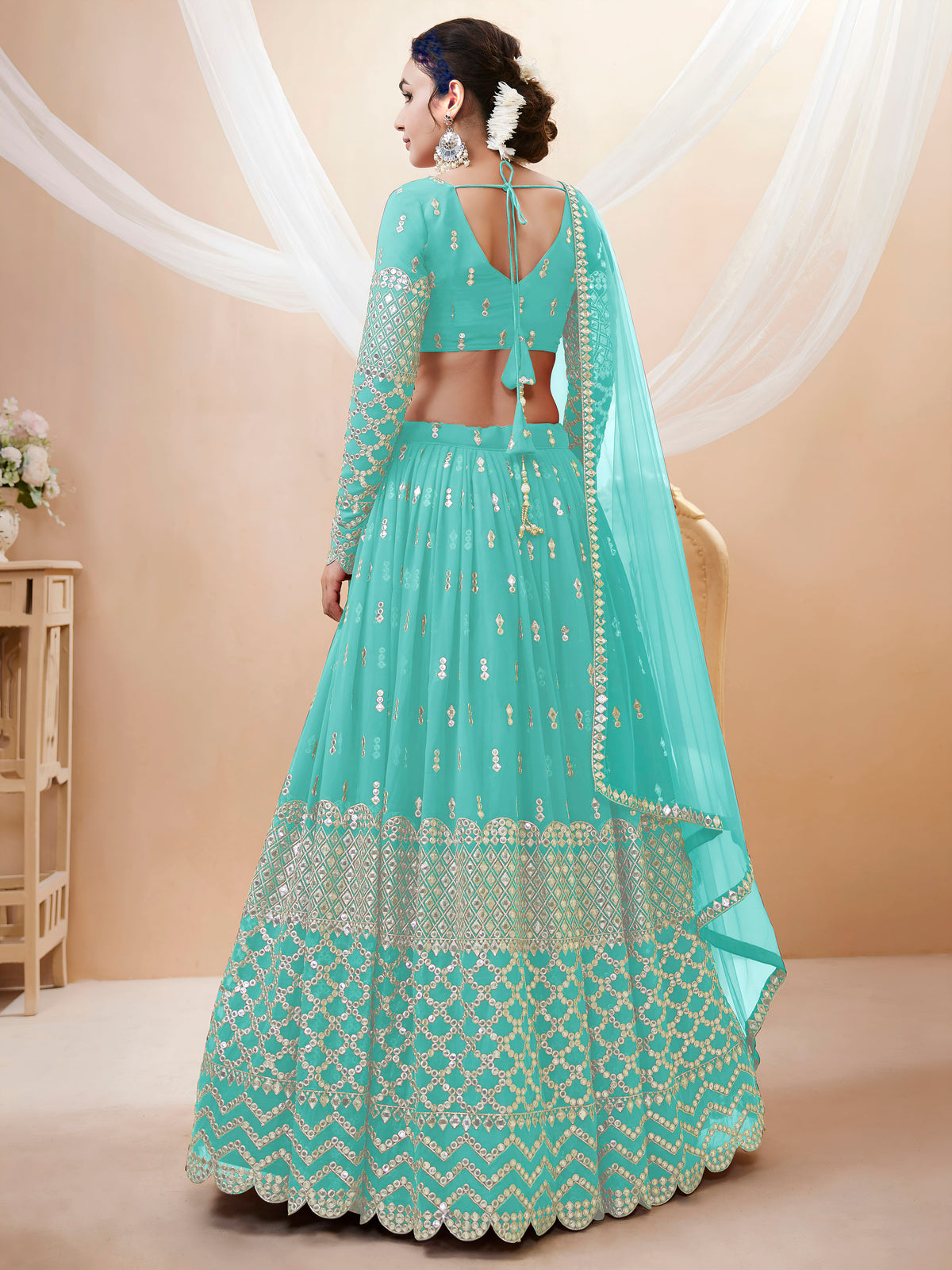 Turquoise Blue Silver Sequin Embroidered Lehenga Choli with Dupatta
