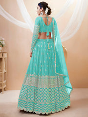 Turquoise Blue Silver Sequin Embroidered Lehenga Choli with Dupatta