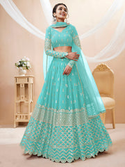 Turquoise Blue Silver Sequin Embroidered Lehenga Choli with Dupatta