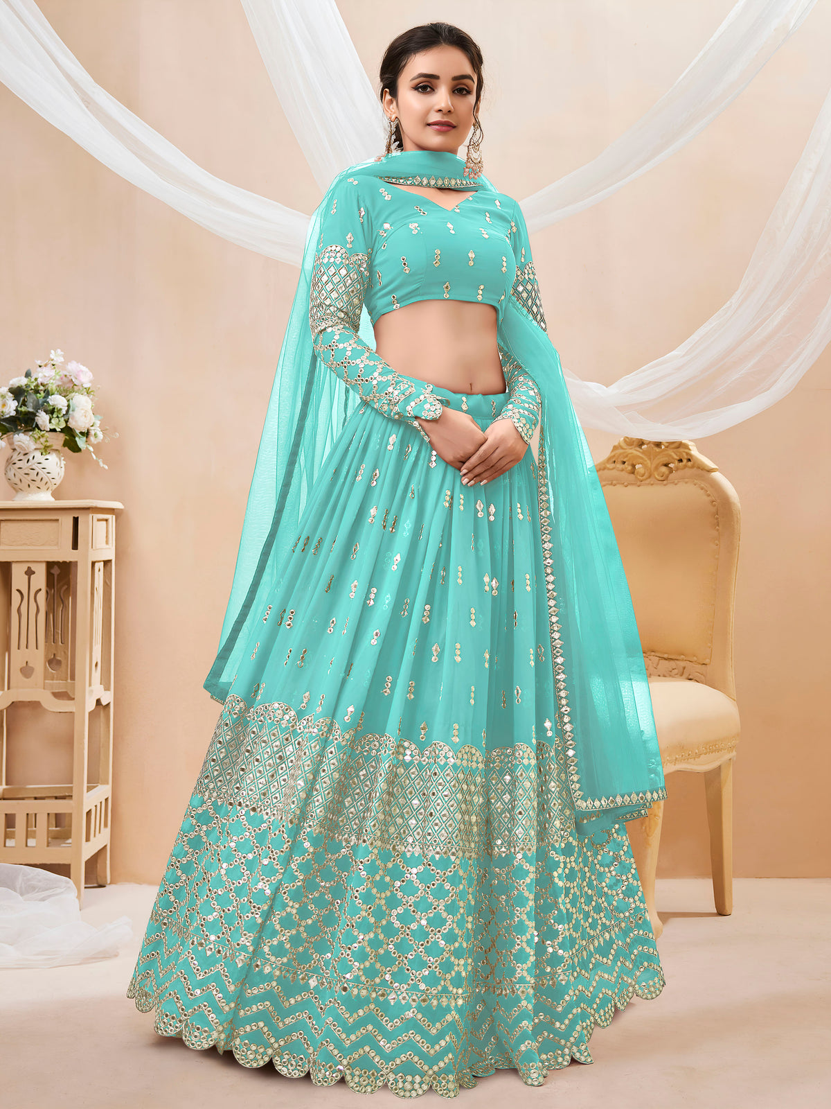 Turquoise Blue Silver Sequin Embroidered Lehenga Choli with Dupatta