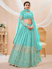 Turquoise Blue Silver Sequin Embroidered Lehenga Choli with Dupatta