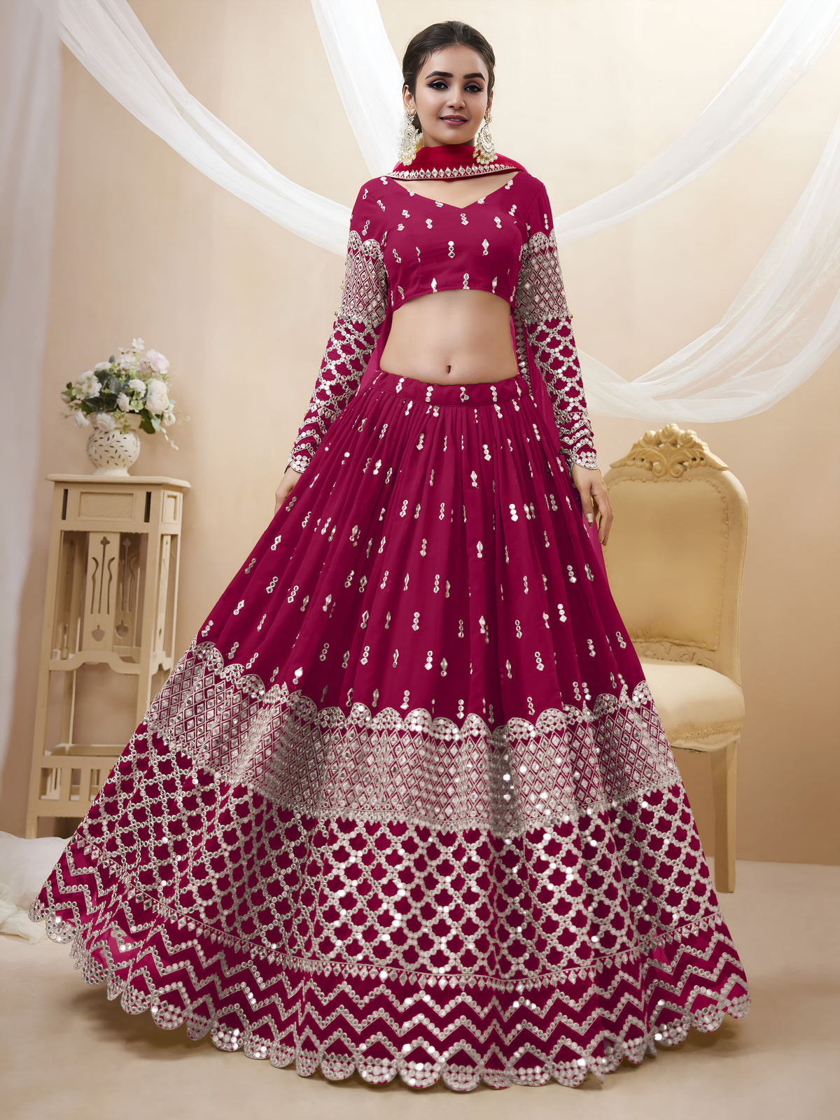 Rani Pink Silver Sequin Embroidered Lehenga Choli with Dupatta