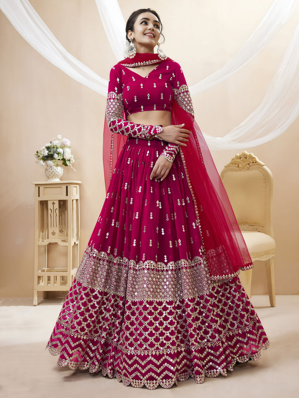 Rani Pink Silver Sequin Embroidered Lehenga Choli with Dupatta